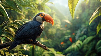 A Toucan Perched on a Branch in a Lush Tropical Forest