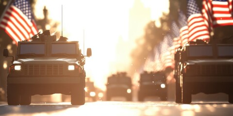 Military vehicles with flags in sunlight on a city street.