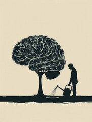 Aufkleber - A man is watering a tree shaped like a human brain, illustrating the nurturing of knowledge and creativity at dawn. Generative AI