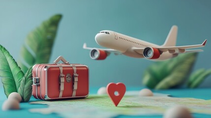 3d rendering illustration Tourist airplane flight with suitcase and pin location map