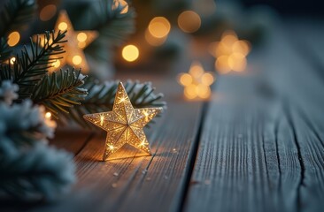 Golden Christmas stars on snowy wooden background.