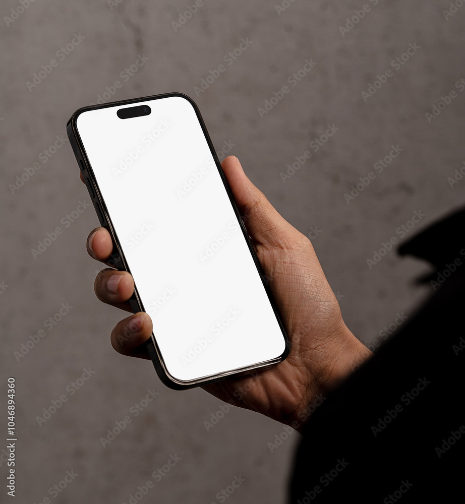 Hand holding smartphone mockup with blank white screen isolated. mobile ...