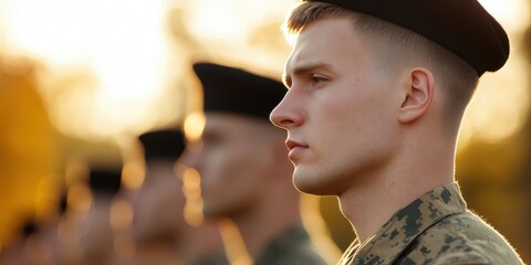 Soldier in uniform standing with comrades, sunset in background.