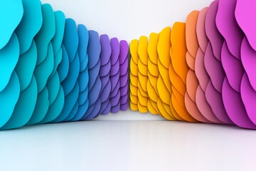 Poster - Colorful bowl with a rainbow design sits on a white background. The bowl is made of plastic and has a unique, abstract shape. 3d wrap lines coming toward me in the colors, orange, violet, yellow