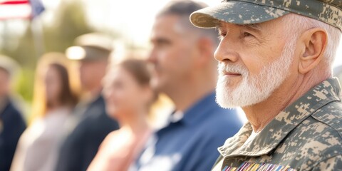 veteran in uniform, standing in a row with fellow soldiers during a military ceremony.