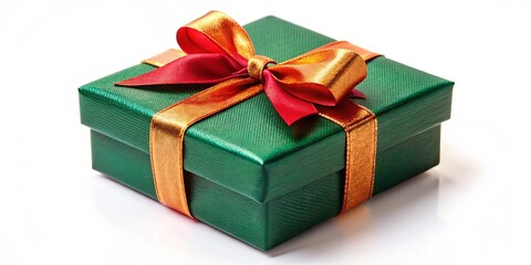 Sticker - A Green Gift Box with a Golden Ribbon and Red Bow, Ready for the Special Occasion