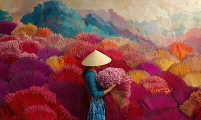 Quang Phu Cau village in Hanoi, woman drying incense sticks in bunches, red fields of incense. ai generated