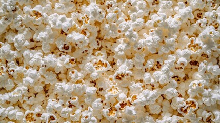 Top view of freshly popped popcorn pile, tightly cropped to fill entire frame, featuring fluffy textures and details with white and light golden hues, some kernels with toasted contrast appearance 