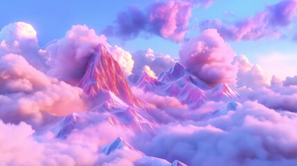 Poster - Soft, pastel-colored mountains in shades of lavender and peach, with fluffy clouds and a calm, clear sky 