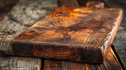 The cutting board is made of wood and shows significant signs of wear and use