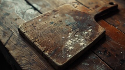 The cutting board is made of wood and shows significant signs of wear and use