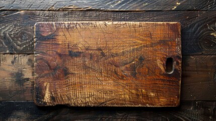 The cutting board is made of wood and shows significant signs of wear and use