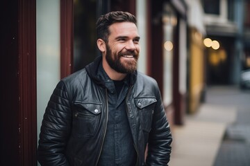 Handsome bearded man in leather jacket is looking away and smiling while standing on the street.