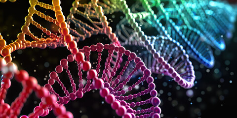 Colorful Code of Life: A close-up of microscopic DNA strands, their colors contrasting against a black background, resembling a complex code or pattern.