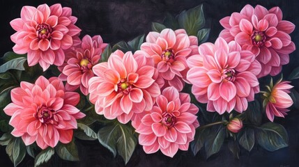 Canvas Print - A vivid display of pink dahlias, their detailed petals contrasting beautifully against a dark backdrop, highlighting their rich color and elegance.