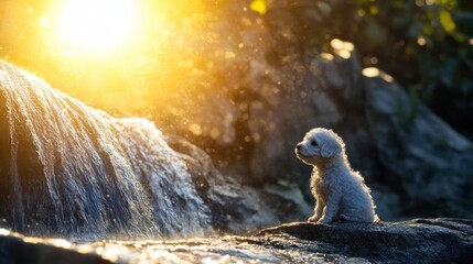 Wall Mural - Dog by Waterfall.