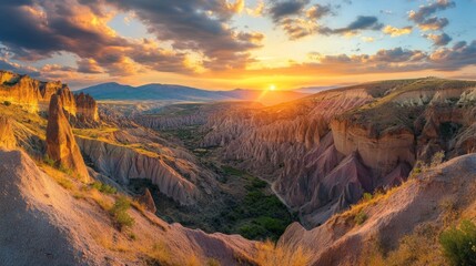 Poster - A beautiful sunset over a mountain range with a valley in between