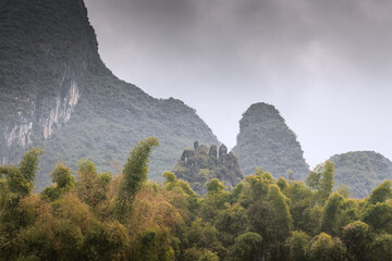 Autumn scenery of Xingping Mountain, Yangshuo, Guilin, Guangxi, China. Blue sky with copy space for text