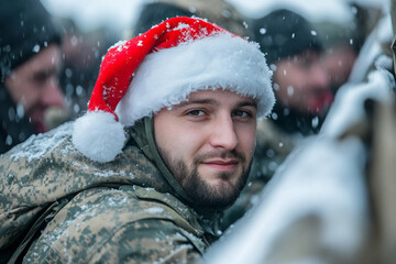 Generative AI image of military man or woman in Santa hat during holiday celebration family, perfect for festive homecoming themes