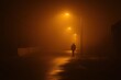 © Iryna - A man walks down a street at night with foggy conditions. The street is lit by street lamps, and the man is wearing a jacket. The scene is quiet and peaceful