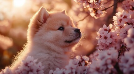 Sticker - Puppy in Cherry Blossoms.