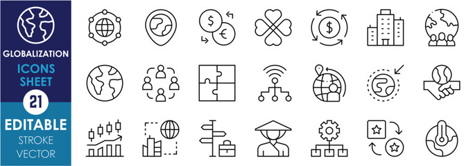 Fototapete - A set of line icons related to Globalization. Network, global, world, earth, friendship, supply chain, currency, culture, diversity, migration, climate, and so on. Vector editable stroke.