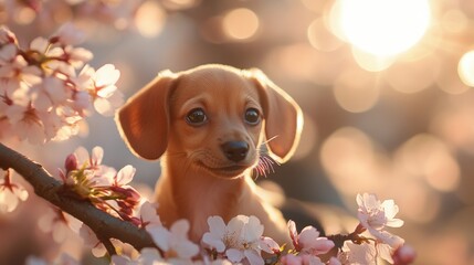 Wall Mural - Puppy in Cherry Blossoms.