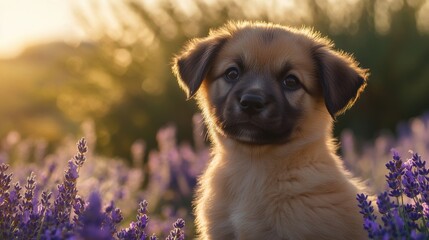 Wall Mural - Puppy in Lavender Field.