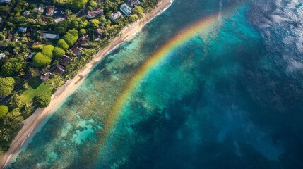 Poster - A rainbow is seen over the ocean, with a beach in the background