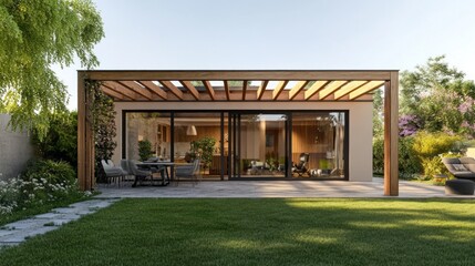 Poster - A house with a patio and a large wooden gazebo