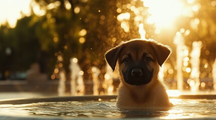 Wall Mural - Puppy in Fountain.