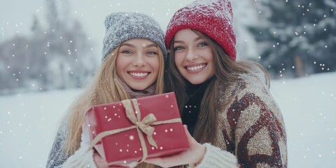 Poster - Two women are smiling and holding a red box. The box is wrapped in brown paper and has a ribbon tied around it. The women are dressed warmly for the cold weather, with hats on their heads