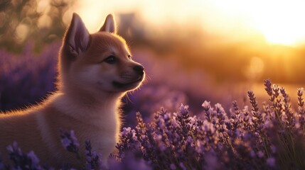 Wall Mural - Puppy in Lavender Field.