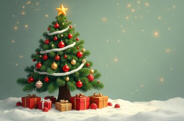 Wall Mural - banner illustration of a Christmas tree on the left side decorated with a yellow star and gold and red balls, red and gold gift boxes with gold ribbon under the tree on snow, light background