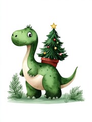 Cheerful dinosaur with a Christmas tree on its back