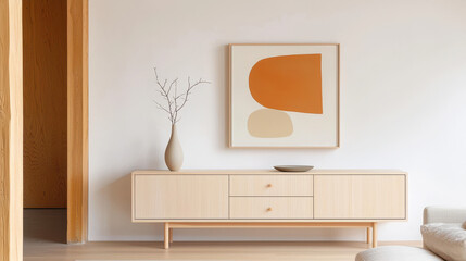 Poster - Modern minimalist interior featuring light wood furniture, abstract art, a decorative vase, and neutral color scheme