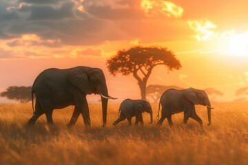 Poster - A serene group of elephants moves gracefully across the savanna as the sun sets, casting warm light on the landscape. Generative AI