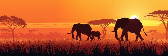 Poster - Elephants walk gracefully across the savanna as the sun sets, casting a warm glow over the serene African landscape. Generative AI
