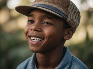 Young African American boy with short curly hair wearing brown hat and smiling happily