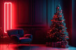 © Александр Марченко - Christmas tree with red lights illuminating a dark living room with neon lights and velvet armchair