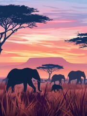 Poster - Elephants walk gracefully through the savanna at sunset, silhouetted against a stunning sky and distant mountains. Generative AI