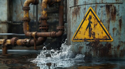 Aufkleber - A burst of water forming a caution symbol, rusty pipes behind it, representing pipe failure.