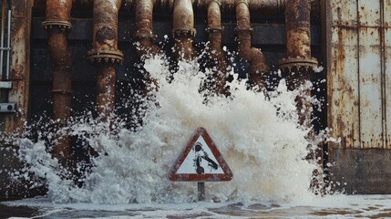 Aufkleber - A burst of water forming a caution symbol, rusty pipes behind it, representing pipe failure.