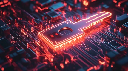 Fototapete - A digital key with bright neon circuits surrounding it, symbolizing high-level cybersecurity and data access.