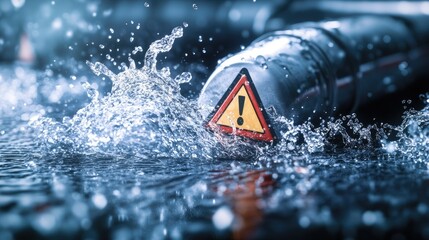 Aufkleber - A leaking pipe in the background with water splashing into a warning icon, representing potential flooding.