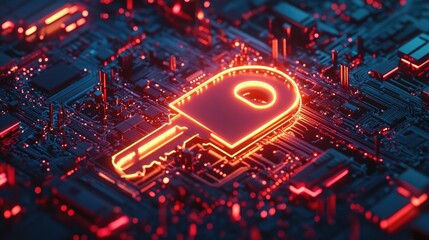 Poster - A neon-lit digital key amidst an intricate web of circuits, symbolizing data access and protection.