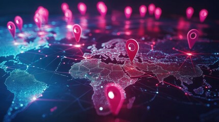 Poster - Bright location pins on a digital map, symbolizing international travel and top global destinations. x