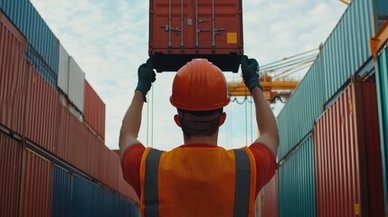 Back view of a logistics coordinator ensuring stock container being lifted at shipping port front view Cargo handling efficiency