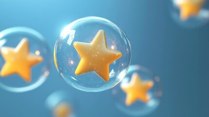Aufkleber - Glowing five-star rating icons in translucent bubbles, floating on a blue background to signify excellence