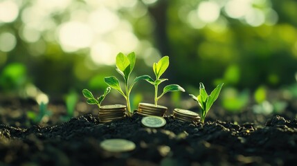 Poster - Green plants growing from stacked coins, symbolizing a commitment to sustainability in financial growth.